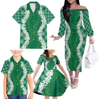 Hawaii Aloha Plumeria Lei Green Palaka Family Matching Off The Shoulder Long Sleeve Dress and Hawaiian Shirt LT7 - Polynesian Pride