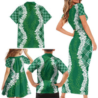 Hawaii Aloha Plumeria Lei Green Palaka Family Matching Short Sleeve Bodycon Dress and Hawaiian Shirt LT7 - Polynesian Pride