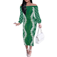 Hawaii Aloha Plumeria Lei Green Palaka Off The Shoulder Long Sleeve Dress - Polynesian Pride