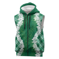Hawaii Aloha Plumeria Lei Green Palaka Sleeveless Zip Hoodie - Polynesian Pride
