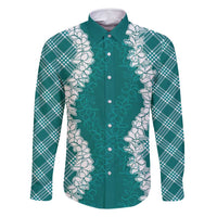 Hawaii Aloha Plumeria Lei Teal Palaka Family Matching Long Sleeve Bodycon Dress and Hawaiian Shirt LT7 Dad's Shirt - Long Sleeve Teal - Polynesian Pride