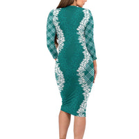 Hawaii Aloha Plumeria Lei Teal Palaka Family Matching Long Sleeve Bodycon Dress and Hawaiian Shirt LT7 - Polynesian Pride