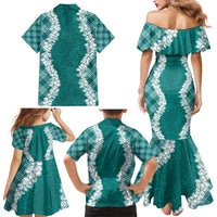 Hawaii Aloha Plumeria Lei Teal Palaka Family Matching Mermaid Dress and Hawaiian Shirt LT7 - Polynesian Pride