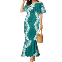 Hawaii Aloha Plumeria Lei Teal Palaka Family Matching Mermaid Dress and Hawaiian Shirt LT7 Mom's Dress Teal - Polynesian Pride