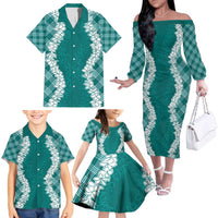 Hawaii Aloha Plumeria Lei Teal Palaka Family Matching Off The Shoulder Long Sleeve Dress and Hawaiian Shirt LT7 - Polynesian Pride