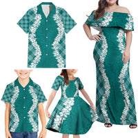 Hawaii Aloha Plumeria Lei Teal Palaka Family Matching Off Shoulder Maxi Dress and Hawaiian Shirt LT7 - Polynesian Pride