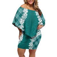 Hawaii Aloha Plumeria Lei Teal Palaka Family Matching Off Shoulder Short Dress and Hawaiian Shirt LT7 Mom's Dress Teal - Polynesian Pride