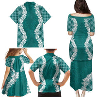 Hawaii Aloha Plumeria Lei Teal Palaka Family Matching Puletasi and Hawaiian Shirt LT7 - Polynesian Pride