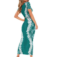 Hawaii Aloha Plumeria Lei Teal Palaka Family Matching Short Sleeve Bodycon Dress and Hawaiian Shirt LT7 - Polynesian Pride