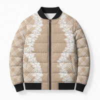 Hawaii Aloha Plumeria Lei Beige Palaka Bomber Puffer Jacket - Polynesian Pride