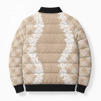 Hawaii Aloha Plumeria Lei Beige Palaka Bomber Puffer Jacket - Polynesian Pride