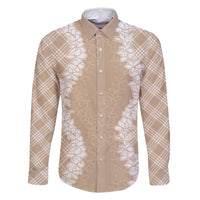 Hawaii Aloha Plumeria Lei Beige Palaka Family Matching Off Shoulder Maxi Dress and Hawaiian Shirt LT7 Dad's Shirt - Long Sleeve Beige - Polynesian Pride