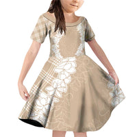 Hawaii Aloha Plumeria Lei Beige Palaka Family Matching Off Shoulder Short Dress and Hawaiian Shirt LT7 Daughter's Dress Beige - Polynesian Pride