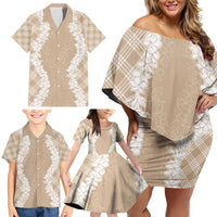 Hawaii Aloha Plumeria Lei Beige Palaka Family Matching Off Shoulder Short Dress and Hawaiian Shirt LT7 - Polynesian Pride