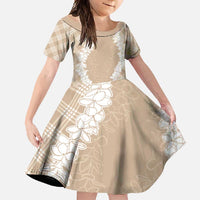 Hawaii Aloha Plumeria Lei Beige Palaka Family Matching Short Sleeve Bodycon Dress and Hawaiian Shirt LT7 Daughter's Dress Beige - Polynesian Pride