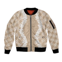 Hawaii Aloha Plumeria Lei Beige Palaka Sleeve Zip Bomber Jacket - Polynesian Pride