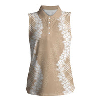Hawaii Aloha Plumeria Lei Beige Palaka Women Sleeveless Polo Shirt - Polynesian Pride