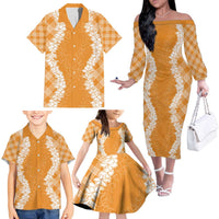 Hawaii Aloha Plumeria Lei Orange Palaka Family Matching Off The Shoulder Long Sleeve Dress and Hawaiian Shirt LT7 - Polynesian Pride