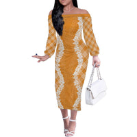 Hawaii Aloha Plumeria Lei Orange Palaka Family Matching Off The Shoulder Long Sleeve Dress and Hawaiian Shirt LT7 Mom's Dress Orange - Polynesian Pride