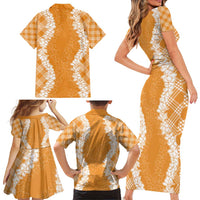 Hawaii Aloha Plumeria Lei Orange Palaka Family Matching Short Sleeve Bodycon Dress and Hawaiian Shirt LT7 - Polynesian Pride