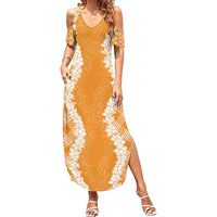 Hawaii Aloha Plumeria Lei Orange Palaka Family Matching Summer Maxi Dress and Hawaiian Shirt LT7 Mom's Dress Orange - Polynesian Pride