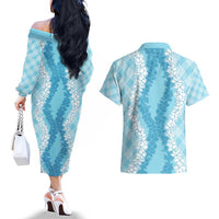 Hawaii Aloha Plumeria Lei Turquoise Palaka Couples Matching Off The Shoulder Long Sleeve Dress and Hawaiian Shirt LT7 - Polynesian Pride