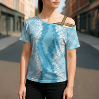 Hawaii Aloha Plumeria Lei Turquoise Palaka Cross Shoulder Shirt - Polynesian Pride