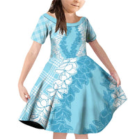 Hawaii Aloha Plumeria Lei Turquoise Palaka Family Matching Off Shoulder Short Dress and Hawaiian Shirt LT7 Daughter's Dress Turquoise - Polynesian Pride