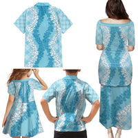 Hawaii Aloha Plumeria Lei Turquoise Palaka Family Matching Puletasi and Hawaiian Shirt LT7 - Polynesian Pride
