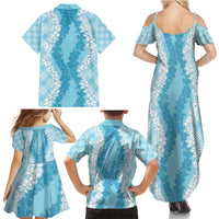 Hawaii Aloha Plumeria Lei Turquoise Palaka Family Matching Summer Maxi Dress and Hawaiian Shirt LT7 - Polynesian Pride