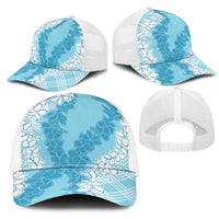 Hawaii Aloha Plumeria Lei Turquoise Palaka Mesh Trucker Cap - Polynesian Pride