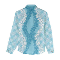Hawaii Aloha Plumeria Lei Turquoise Palaka Women Casual Shirt - Polynesian Pride