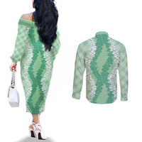 Hawaii Aloha Plumeria Lei Mint Palaka Couples Matching Off The Shoulder Long Sleeve Dress and Long Sleeve Button Shirt - Polynesian Pride