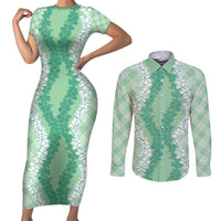 Hawaii Aloha Plumeria Lei Mint Palaka Couples Matching Short Sleeve Bodycon Dress and Long Sleeve Button Shirt - Polynesian Pride