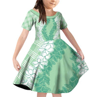 Hawaii Aloha Plumeria Lei Mint Palaka Family Matching Off Shoulder Short Dress and Hawaiian Shirt LT7 Daughter's Dress Mint - Polynesian Pride
