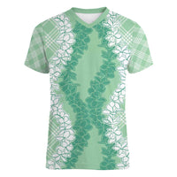 Hawaii Aloha Plumeria Lei Mint Palaka Women V-Neck T-Shirt LT7 Female Mint - Polynesian Pride