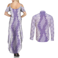 Hawaii Aloha Plumeria Lei Lavender Palaka Couples Matching Summer Maxi Dress and Long Sleeve Button Shirt - Polynesian Pride