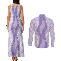 Hawaii Aloha Plumeria Lei Lavender Palaka Couples Matching Tank Maxi Dress and Long Sleeve Button Shirt - Polynesian Pride