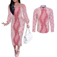 Hawaii Aloha Plumeria Lei Pink Palaka Couples Matching Off The Shoulder Long Sleeve Dress and Long Sleeve Button Shirt - Polynesian Pride