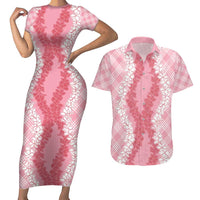 Hawaii Aloha Plumeria Lei Pink Palaka Couples Matching Short Sleeve Bodycon Dress and Hawaiian Shirt LT7 Pink - Polynesian Pride