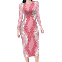 Hawaii Aloha Plumeria Lei Pink Palaka Long Sleeve Bodycon Dress - Polynesian Pride