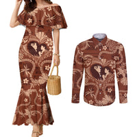 Hawaii Plumeria Couples Matching Mermaid Dress and Long Sleeve Button Shirt Hau'oli la Makuahine Sunburned LT7 Brown - Polynesian Pride