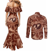 Hawaii Plumeria Couples Matching Mermaid Dress and Long Sleeve Button Shirt Hau'oli la Makuahine Sunburned LT7 - Polynesian Pride