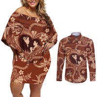Hawaii Plumeria Couples Matching Off Shoulder Short Dress and Long Sleeve Button Shirt Hau'oli la Makuahine Sunburned LT7 Brown - Polynesian Pride