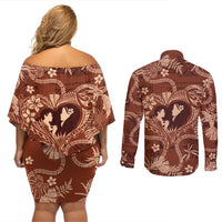 Hawaii Plumeria Couples Matching Off Shoulder Short Dress and Long Sleeve Button Shirt Hau'oli la Makuahine Sunburned LT7 - Polynesian Pride