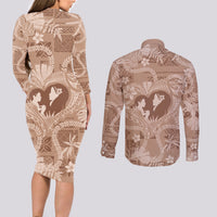 Hawaii Plumeria Couples Matching Long Sleeve Bodycon Dress and Long Sleeve Button Shirt Hau'oli la Makuahine Beige LT7 - Polynesian Pride