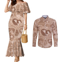 Hawaii Plumeria Couples Matching Mermaid Dress and Long Sleeve Button Shirt Hau'oli la Makuahine Beige LT7 Beige - Polynesian Pride