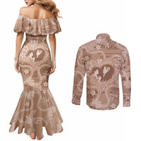 Hawaii Plumeria Couples Matching Mermaid Dress and Long Sleeve Button Shirt Hau'oli la Makuahine Beige LT7 - Polynesian Pride