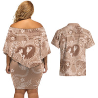 Hawaii Plumeria Couples Matching Off Shoulder Short Dress and Hawaiian Shirt Hau'oli la Makuahine Beige LT7 - Polynesian Pride