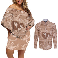 Hawaii Plumeria Couples Matching Off Shoulder Short Dress and Long Sleeve Button Shirt Hau'oli la Makuahine Beige LT7 Beige - Polynesian Pride
